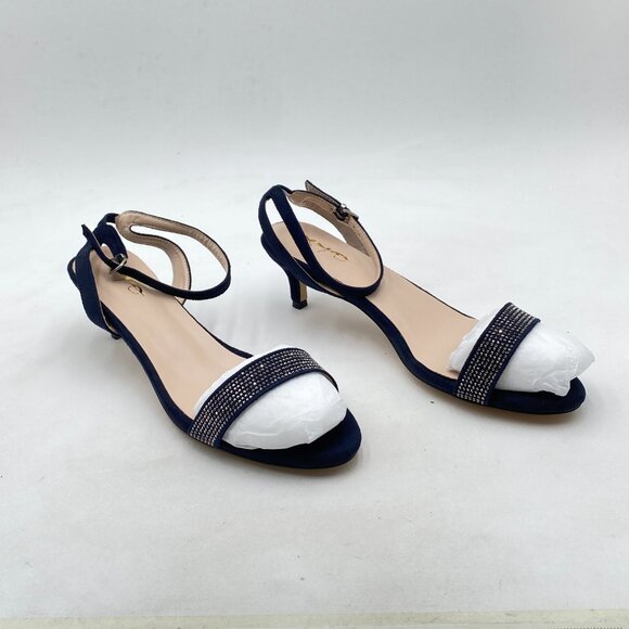 XYD Navy Open Toe Ankle Strap Wedding Kitten Heels Rhinestones Studded Sandals - Picture 4 of 8